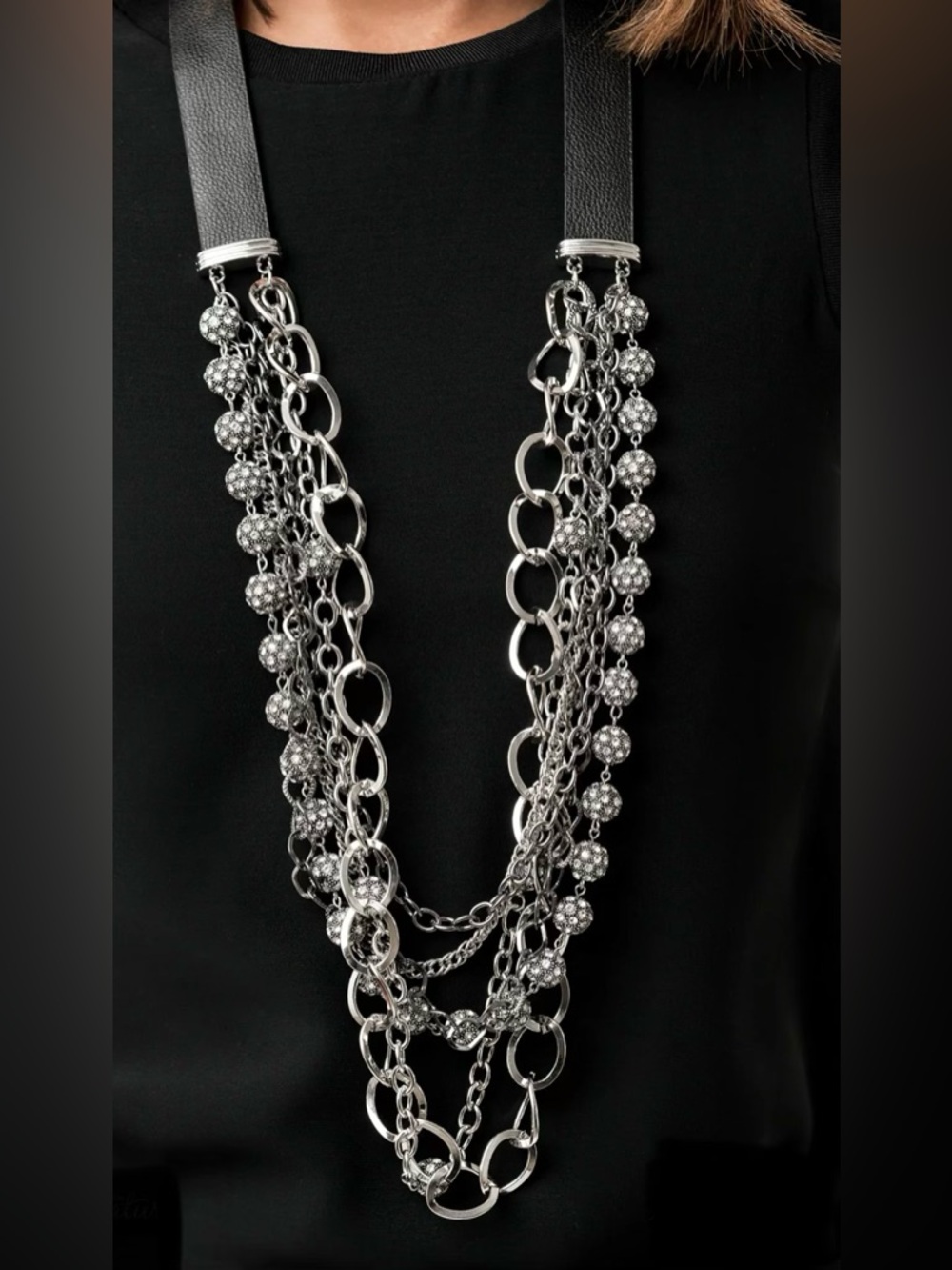 Multi-Layer Silver Chain Statement Necklace on a Leather Strap with Earrings